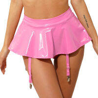 HotWomens Wet Look สิทธิบัตรหนังกระโปรง Suspender สีทึบ s Garter เข็มขัดคลิปโลหะ Ruffle Miniskirt Party Clubwear