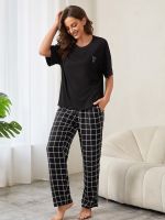 【LZ】▲●  Conjunto de pijamas estampado em coração para mulheres manga curta tops com gola roscada calças compridas xadrez pijamas pijamas roupas homewear 2 peças