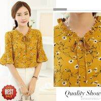 Summer Ladies Tops Floral Chiffon Tops Bowknot Short Sleeve Casual Loose Tops