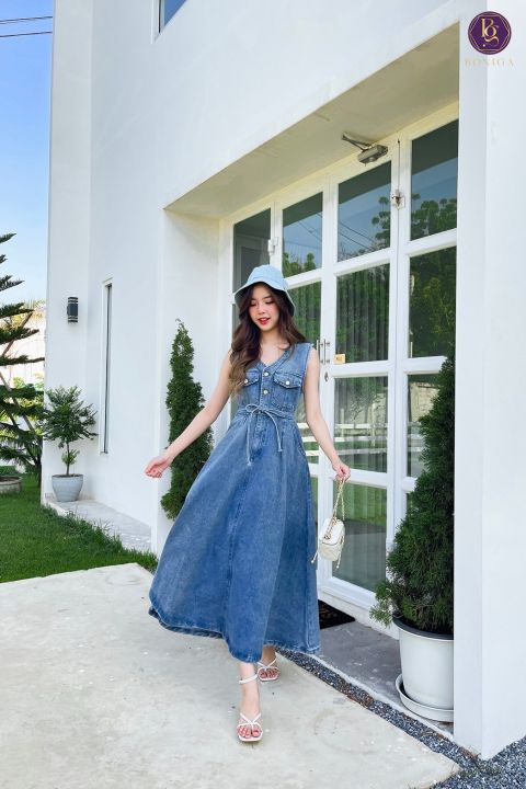 locket-denim-dress-เดรสยีนส์ยาวใส่สบายมีสไตล์สุดๆเเต่งกระเป๋าหน้าใช้งานได้จริงเหมาะกับทุกวันไม่มีเอาท์