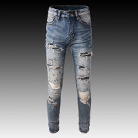 Cke CWwartHigh Street Fashion Men Jeans R Blue Elastic Slim Fit Destroyed Ripped Jeans Men Beading Patch Design. nd Hip Hop Pants