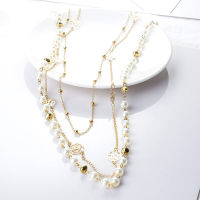 Long Simulated Pearl Necklace For Women Camellia Double Layer Pendant Sweater Chain Party Necklace