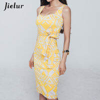 2021Jielur Woman Dress Spaghetti Strap Print Sashes Skinny Summer Sexy Dresses Female Yellow 2021 V-neck Dress Sukienka Mujer S-XL