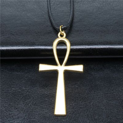 Retro Vintage Unisex Necklace 52x28mm Life Key Ankh Cross Pendant Necklace Faux Black Leather Rope Chain