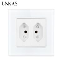 ▣ UNKAS White Brazil Standard Socket 86mmx86mm Crystal Glass Panel Black AC 110V 250V Hole 20A Power Wall Outlet Save To Child