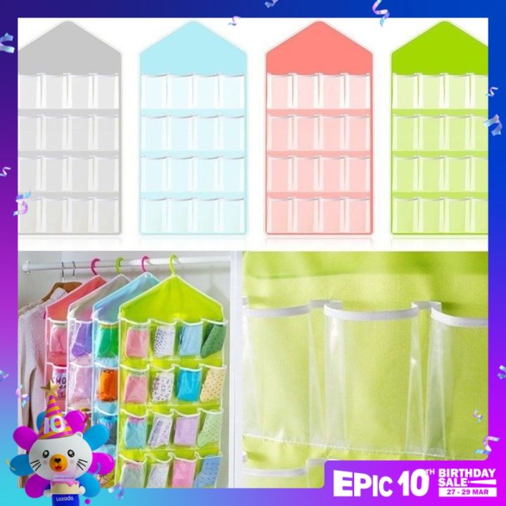 16 Pockets Clear Hanging Bag Socks Bra Underwear Rack Hanger Storage O –