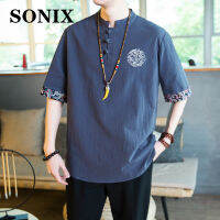 SONIX จีนสไตล์สั้นเสื้อยืดผู้ชาย Slim Stand Collar เย็บปักถักร้อยฝ้ายและผ้าลินินเสื้อเชิ้ตลำลอง