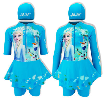 ชุดว่ายน้ำเด็ก (4-10ขวบ) Frozen *ลิขสิทธิ์แท้* ผลิตในไทย ลายเอลซ่า Elsa โฟรเซ่น แถมหมวกว่ายน้ำ และถุงใส่ชุด