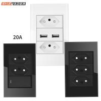 20A Brazil Electric Plug Power Wall USB Sockets Pressure Switch Glass Panel 118 Retangle Three Position Jack Outlets Home Office