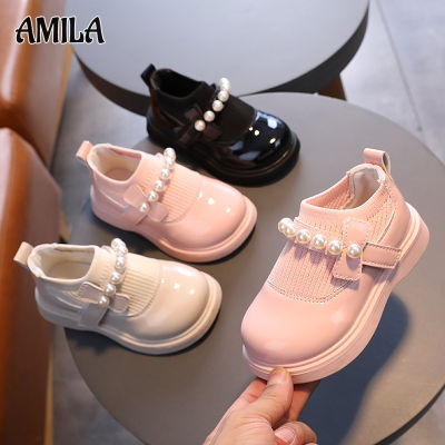 AMILA รองเท้าหนังน้อยน่ารักสีทึบผู้หญิง,รองเท้าพื้นรองเท้านุ่มสำหรับเด็กรองเท้าผ้าใบผ้าทอประดับมุกรองเท้าเจ้าหญิงกันลื่น