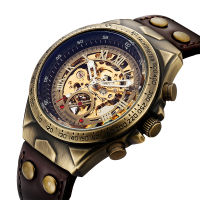 Retro Luxury Mens Mechanical Automatic Self-Wind Watch Skeleton Roman Numbers Analog Without Battery Leather Wristwatch Clock