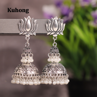 Kuhong ต่างหูวินเทจของผู้หญิงอินเดีย Boho ชาติพันธุ์ Lotus Flower แกะสลัก Big Bell Drop Tassel Dangle Earring