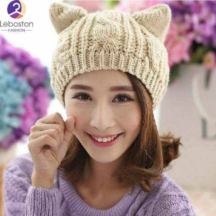 leboston-หมวก-ผู้หญิงถักหมวกฤดูใบไม้ร่วงฤดูหนาวอินเทรนด์สีทึบหูแมวน่ารักสายถักหมวกหมวก