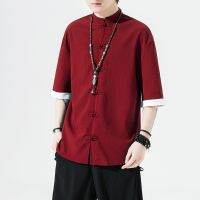 Ready❤ Clothing Men s Ice silk Retro Short-sleeved Shirt Button Tea Ceremony Loose Large Size Summer Tang Suit Hanfu