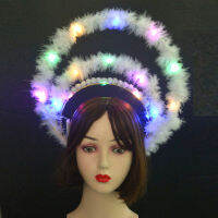 ผู้หญิง Led ไฟส่องสว่าง Halo Crown Headband Feather เทพธิดาเครื่องแต่งกาย Headpiece Headdress สำหรับคอสเพลย์ปาร์ตี้ฮาโลวีน Christmas