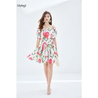 Spring and Summer Rose Floral-Print off-Shoulder off-the-Shoulder Elastic and Waisted Seaside Holiday Dress