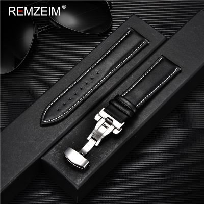 REMZEIM Calfskin Strap Soft Leather Watchband Replacement 18 20 22 24mm Casual Watch Band With Stainless Steel Butterfly Buckle