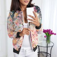 Coat For Womens Suitable Daily Jackets Lightweight Zip Up Jacket Floral Print Coat Stand Collar Short Sports Ladies Outerwear