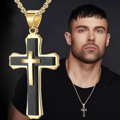 【CW】Fashionable Three-layer Gold-plated Cross Necklace Jesus Cross Pendant Hip-hop Necklaces for Men Cross Jewelry Anniversary Gift
