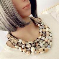 Luxury New Statement Necklace Crystal and Synthetic Pearls Knitted Choker Necklace for Women Fashion Beaded Bib Collar Jewelry