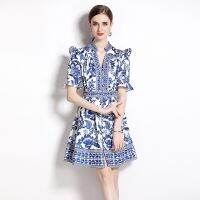 Women Dress Spot Real  Elegant Short Sleeve  Vintage Printed Midi Dress