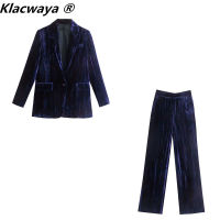 Klacwaya 2021 Womens Suit Vintage Purple Blazers Jacket Velvet Set Woman 2 Pieces Femme Elegant Casual Office Trouser Suits