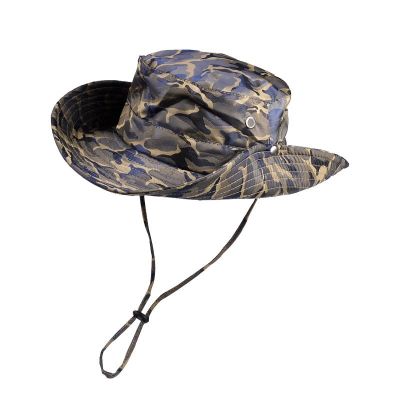 ：“{—— New Camouflage Fisherman Outdoor Bucket Hats Summer Fashion Sunshade Sunscreen Fishermans Hat With String For Hunting Fishing