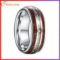 BONLAVIE 8mm Hawaiian Koa Wood and Blue Opal Inlay Tungsten Carbide Ring Domed Wedding Band Comfort Fit Size 7-12