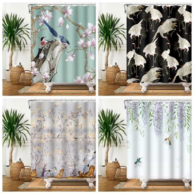 Chinese Style Shower Curtain Plum Flower Birds Tree Bathroom Curtain Waterproof Fabric Polyester Bathtub Screen Bath Curtains