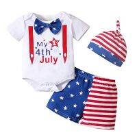 Citgeett Summer Independence Day Baby Boys Girls Clothes Set Letter Print Short Sleeve Romper+Striped Short Pants+Hat Set  by Hs2023