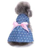 Baikuan Dog Ladylike Dress Big Wave Point Pattern Shihtzu Female Skirt With Silky Bow Breathable Summer Cat Denim Skirt With Rosette Fully Printed