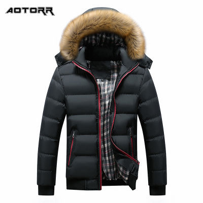 Winter Parka Mens Thick Coats Warm Fur Collar Hooded Jacket Mens Fashion Color Matching Overcoat Casual Winter Jackets Men