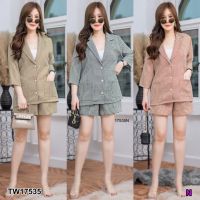 SS17535 Dress Set #สาวอวบ เสื้อสูทแขน 3 ส่วน + กางเกงขาสั้น