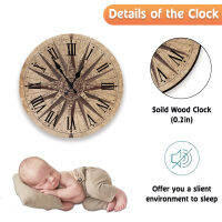 14 Inch Large Wood Wall Clock Vintage Compass Wooden Wall Clock European Retro Round Clock for Chic Home Office Cafe Decor