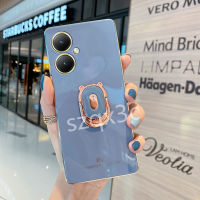 เคสโทรศัพท์พร้อมสต็อกสำหรับ VIVO Y27 Y78 Y36 V27e Y02 Y02T Y02A 5G 4G 2023ใหม่เคสมือถือแฟชั่นทรงสี่เหลี่ยมชุบเคสนิ่ม TPU พร้อมกล้องที่ตั้งรูปหมี VIVOY78ฝาครอบป้องกันการกระแทก