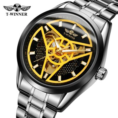 WINNER Sport Style Watch Men Auto Mechanical White Gold Triangle Dart Skeleton Genuine Full Black Stainless Steel Wrist Watches