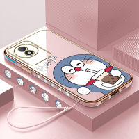 Y02T ฟรีสายคล้องการ์ตูนโดราเอมอนน่ารักเคสใส่โทรศัพท์เคสสำหรับ Vivo ลายขอบสี่เหลี่ยมโดราเอมอนชุบเคสโทรศัพท์ชุบหรูหราเคสโทรศัพท์นิ่ม