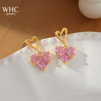 WHC Jewelry 2022แฟชั่นชุบทองสีชมพูเพทายหัวใจต่างหูหญิงแนวโน้มการออกแบบ