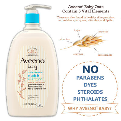 สุดคุ้ม สบู่อาบน้ำ และแชมพู สำหรับทารก Aveeno Baby Daily Moisture Wash &amp; Shampoo สารสกัดจากข้าวโอ๊ต ขนาด 976 mL