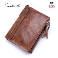 CONTACTS 100 Genuine Leather Mens Wallets Luxury Brand Short Double Zipper Male Coin Purse Small Wallet For men Card Holders