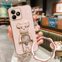 YiaMia เคสโทรศัพท์แบบนิ่มสำหรับ OPPO,C35 C53 C31 Realme C55 C11 C30 C30S C20 C21เคสนิ่มเคลือบอิเล็คโทรเพลท C15ฝาครอบโทรศัพท์ TPU C17 C3 C21Y มีไฟแฟลชรูปหมีน่ารักสีชมพูเคสมือจับสำหรับโทรศัพท์มือถือ6D + สร้อยข้อมือ