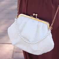 Lace White Wedding Handbag Fairy Clutch Mini Crossbody Bag for Women Pearl Chain Shell Bag