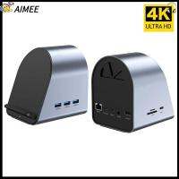 AIMEE เครื่องอ่านการ์ด อะแดปเตอร์อีเทอร์เน็ต Pd ชาร์จไฟ 10 in 1 รองรับ4K HDMI แท่นวาง Type-C ฮับยูเอสบี