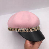 202108-nao-pink wool pu brim Palace style autumn winter Gold thread rhinestone lady leisure Equestrian hat women visors cap