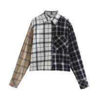 BLSQR Vintage Chic Blouse Women Contrast Color Plaid Fashion Outwear Tops Female Streetwear Casual Pleated Shirt Lady