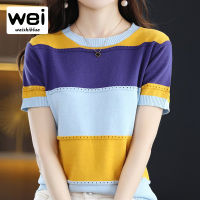 Weishiblux เสื้อเสื้อยืดถักปะหลากสีสำหรับผู้หญิง,เสื้อแฟชั่นฉบับภาษาเกาหลีหลากสีสำหรับเสื้อยืดลายฤดูร้อน