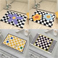 Cute Flower Bath Mats Soft Plush Checkerboard Shower Room Floor Carpets Non-slip Kids Bathroom Absorb Rugs Tapis Salle De Bain