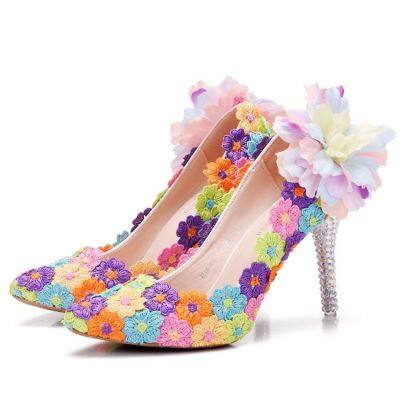 Color lace pointed high heel wedding shoes sexy stilettos stage big yards single shoes female point