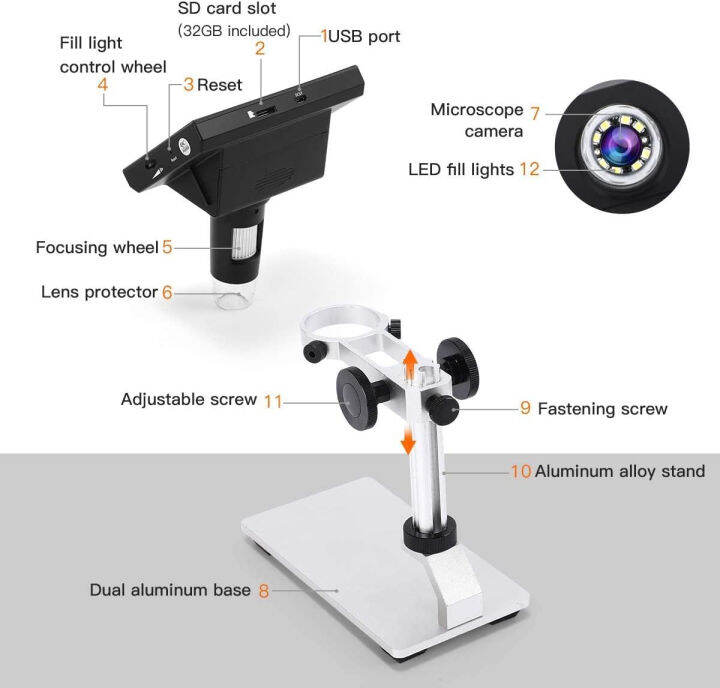 tomlov-dm4-coin-microscope-1000x-4-3-inch-lcd-digital-microscope-with-metal-stand-8-leds-photo-video-capture-for-adult-kids-observing-coin-plant-rocks-pcb-windows-compatible-sd-card-included