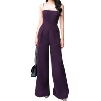 P018-008 PIMNADACLOSET - Spaghetti Strap Square Neck Long Wide Leg Two Side Pockets Jumpsuit